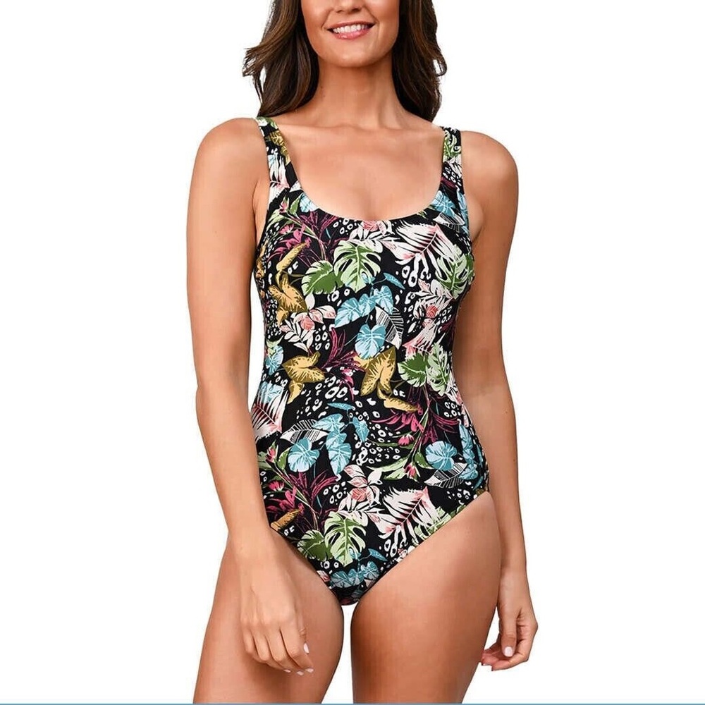 Floral Tropical Scoop Neck One-Piece Swimsuit - Black
